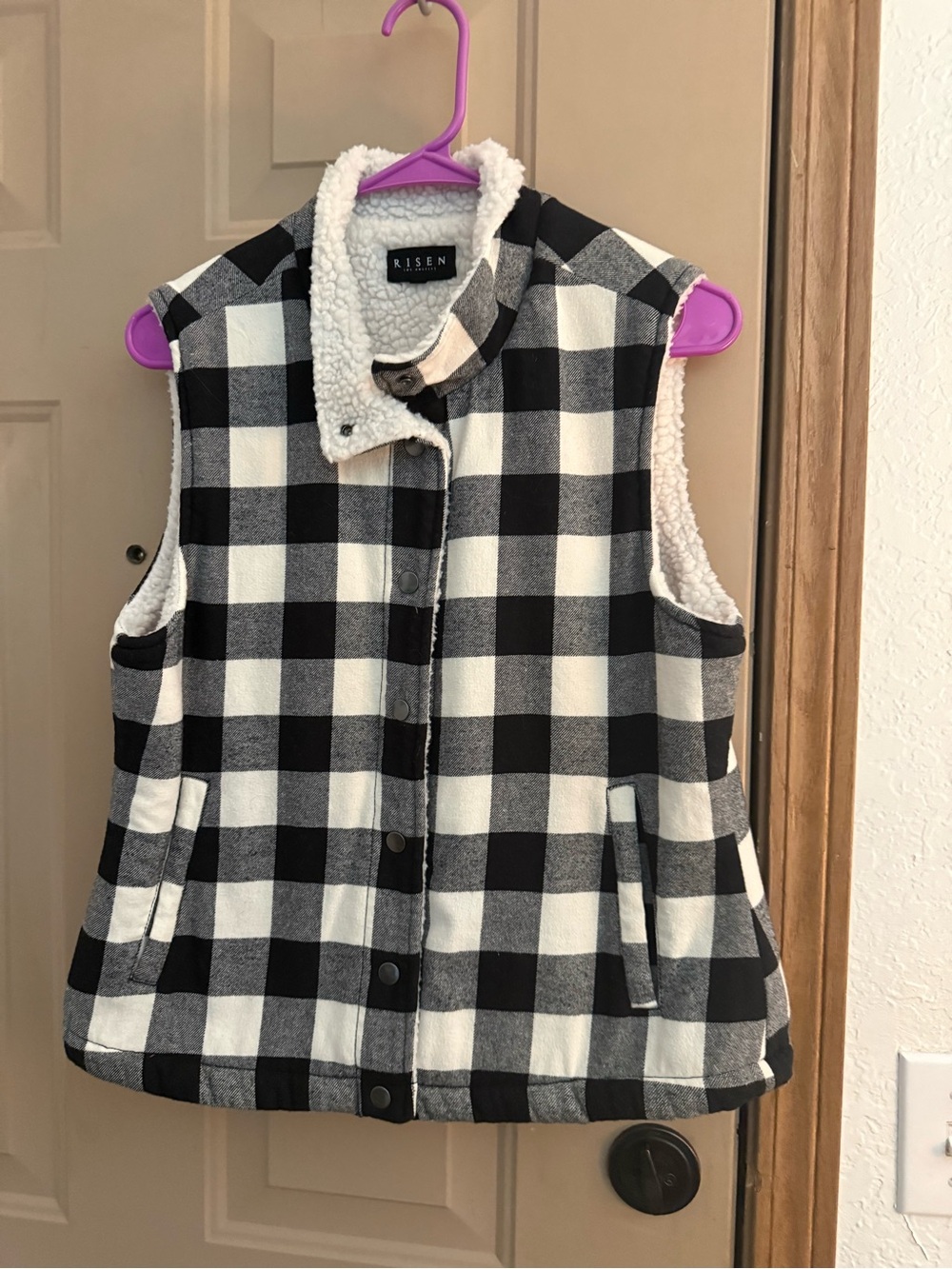 Risen Black & White Buffalo Plaid Sherpa Vest